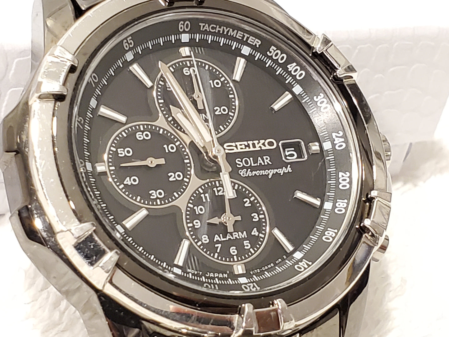 Vintage Seiko Solar Men's Chronograph Date Alarm Black Stainless Steel Watch