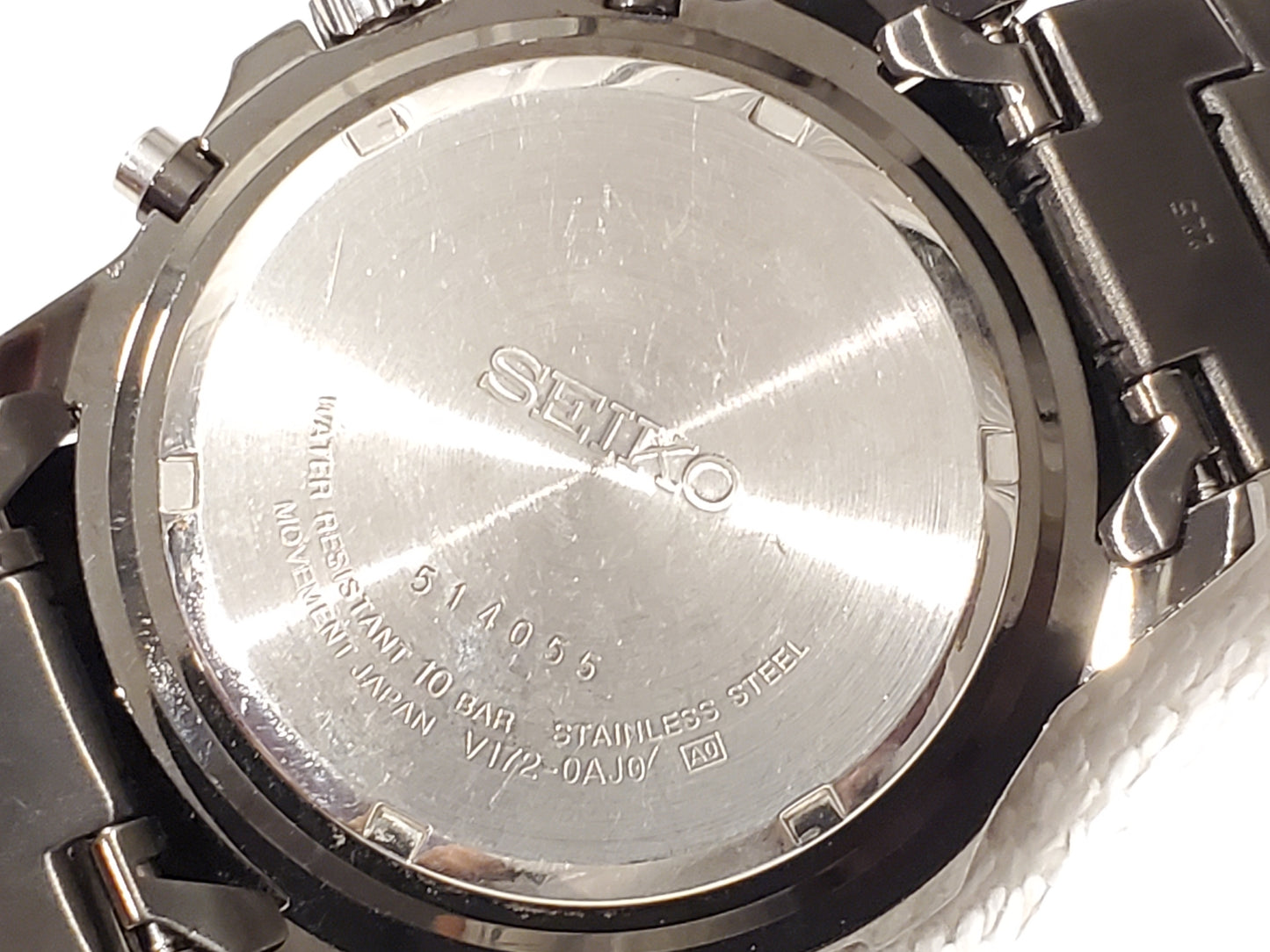 Vintage Seiko Solar Men's Chronograph Date Alarm Black Stainless Steel Watch