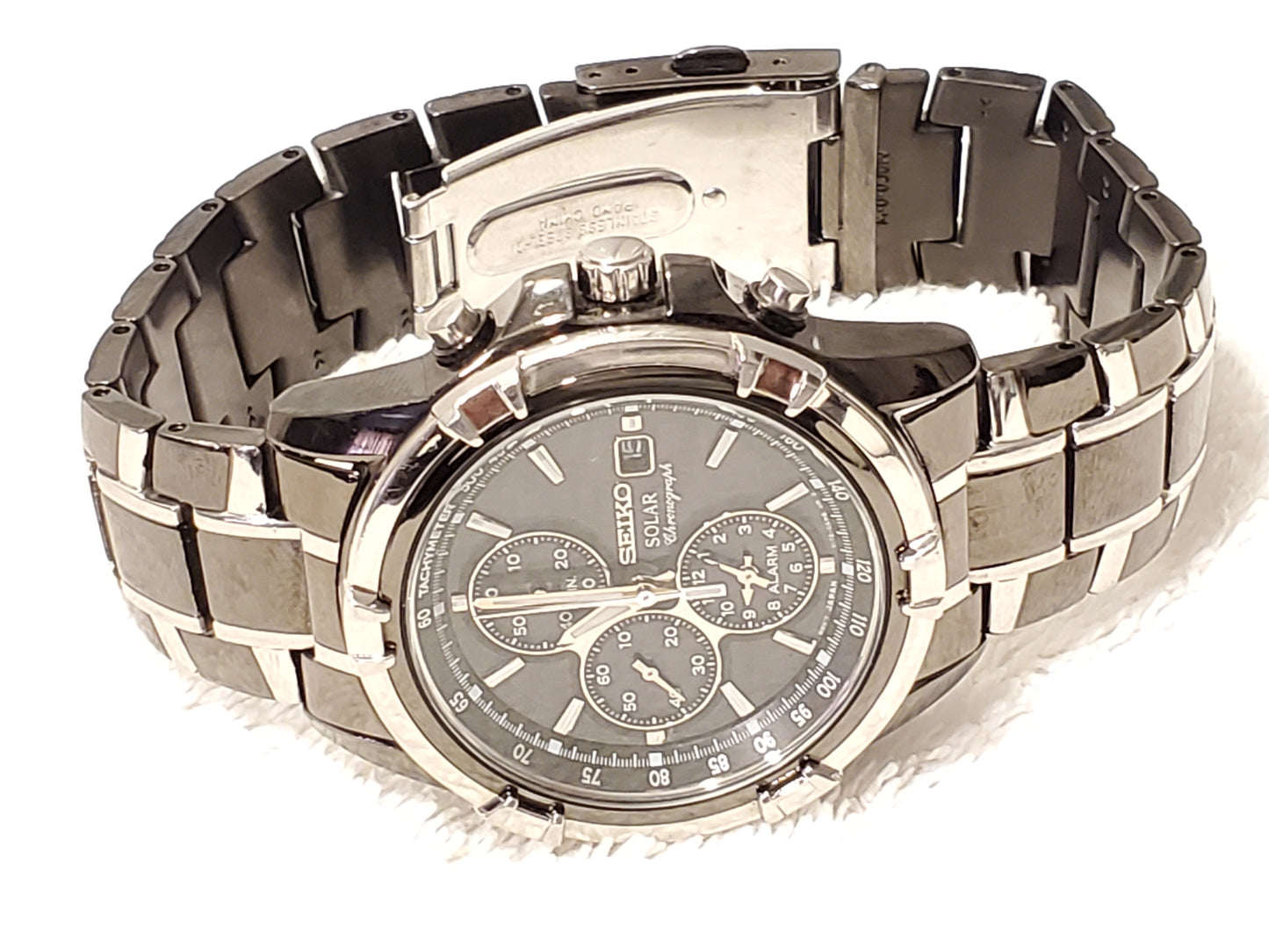 Vintage Seiko Solar Men's Chronograph Date Alarm Black Stainless Steel Watch