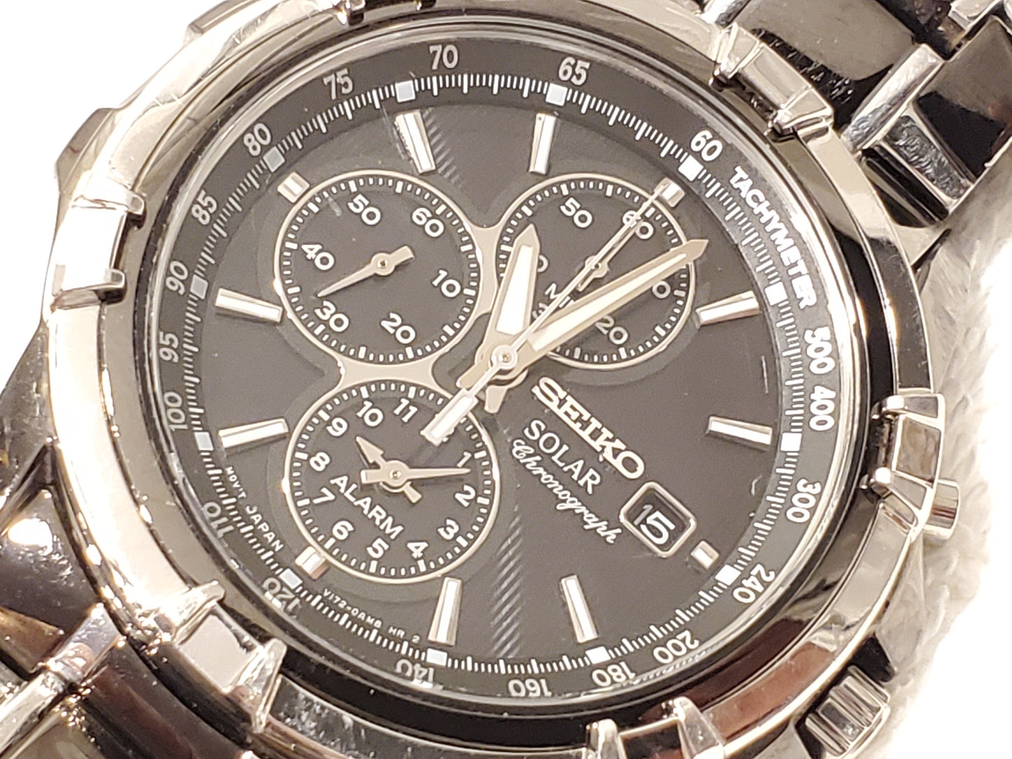 Vintage Seiko Solar Men's Chronograph Date Alarm Black Stainless Steel Watch