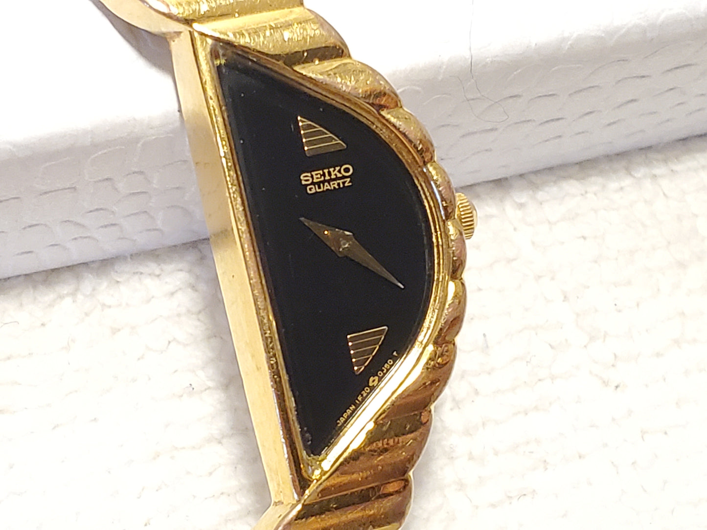 Vintage Seiko Women's Gold Tone Quartz Watch Black Dial Half Moon Stainless Steel