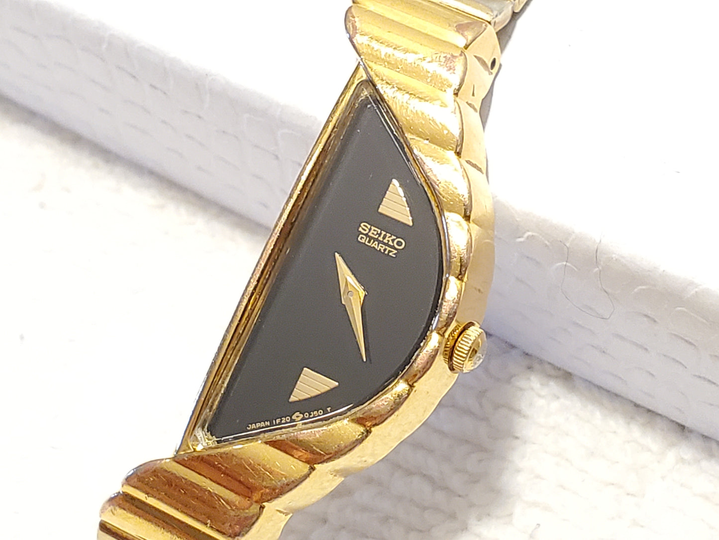 Vintage Seiko Women's Gold Tone Quartz Watch Black Dial Half Moon Stainless Steel