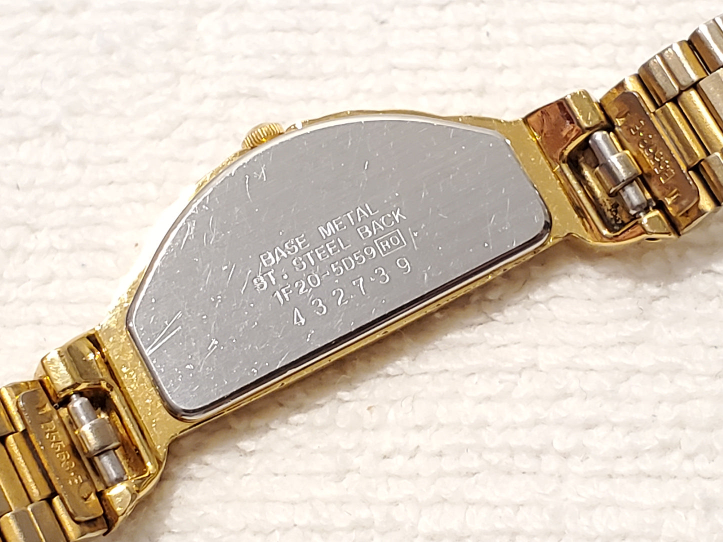 Vintage Seiko Women's Gold Tone Quartz Watch Black Dial Half Moon Stainless Steel