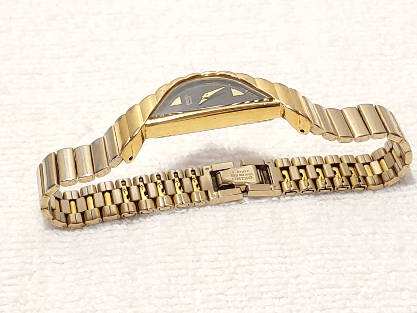 Vintage Seiko Women's Gold Tone Quartz Watch Black Dial Half Moon Stainless Steel