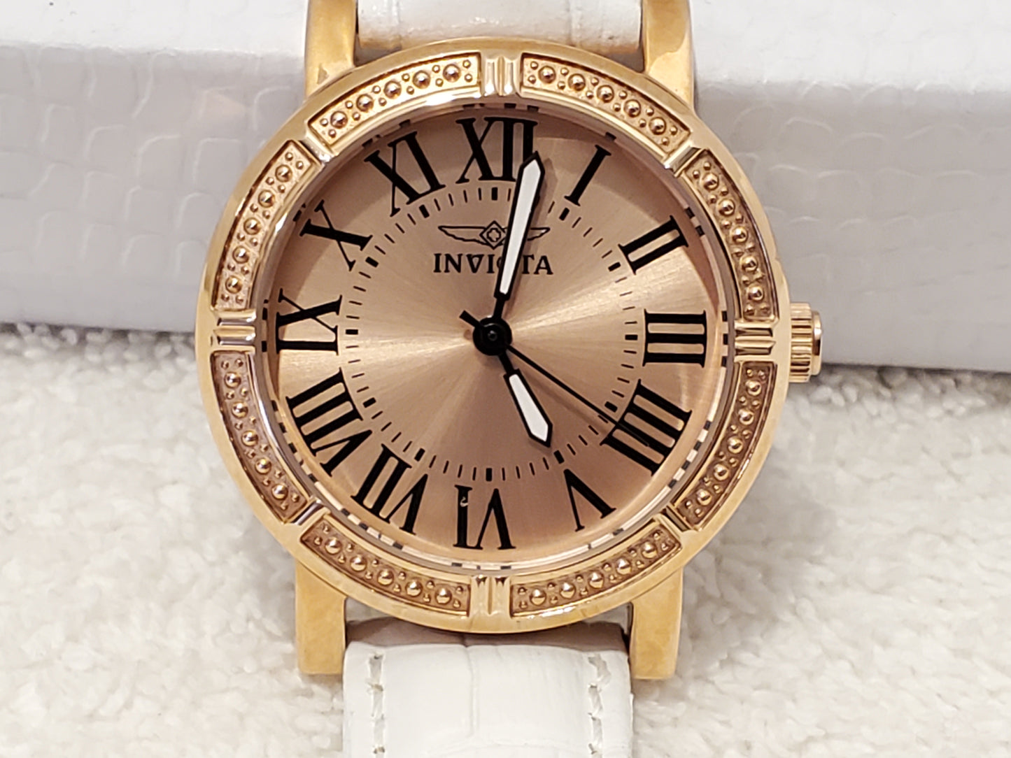 Invicta Wildflower Women's Quartz Watch Rose Gold Tone White Leather Strap Roman Numerals