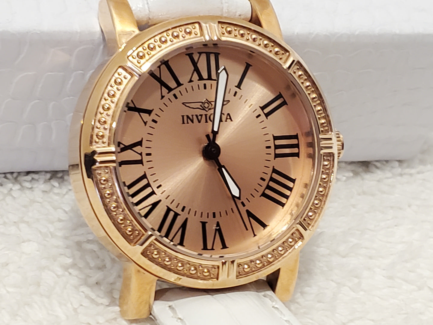 Invicta Wildflower Women's Quartz Watch Rose Gold Tone White Leather Strap Roman Numerals