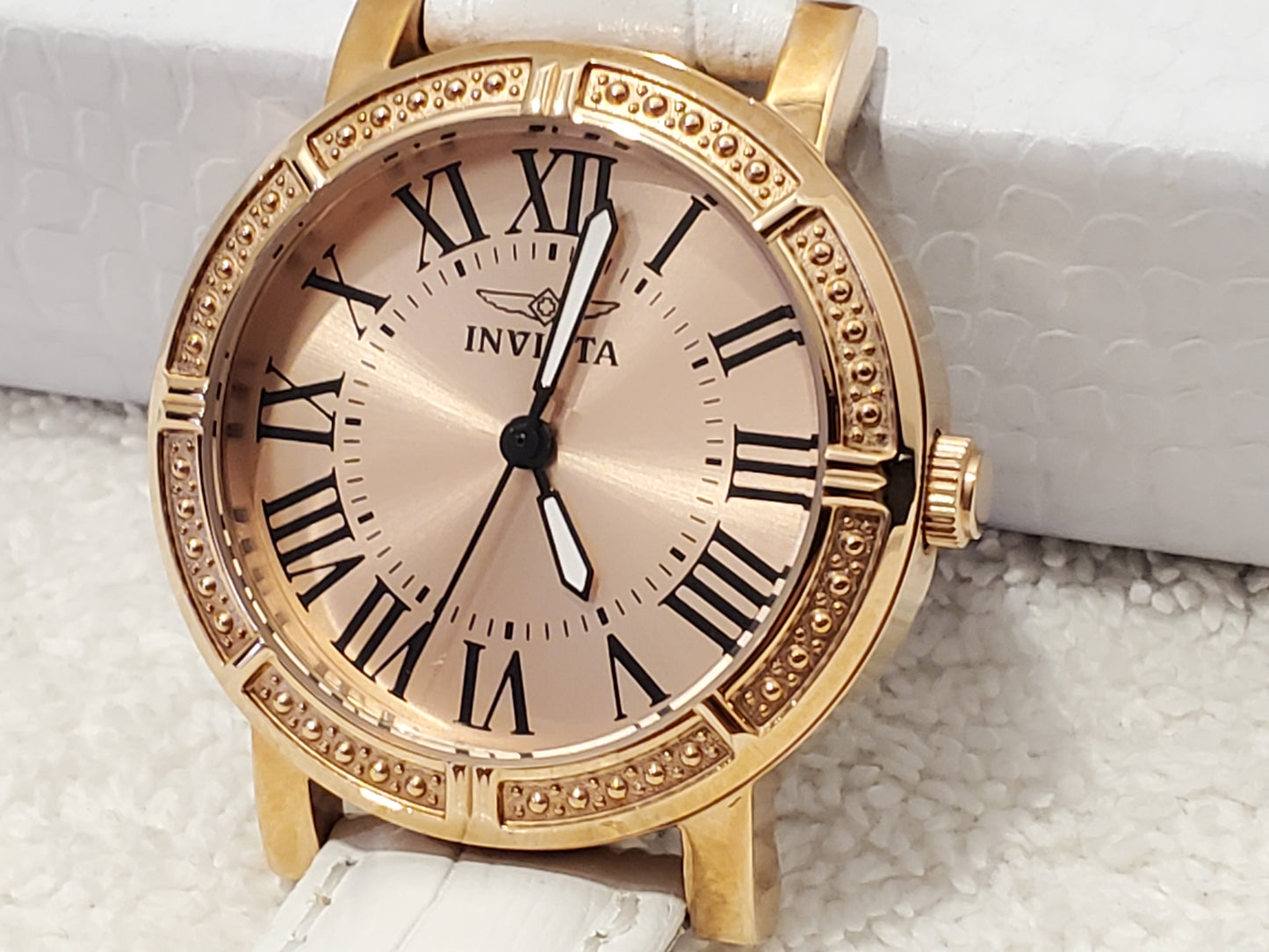 Invicta Wildflower Women's Quartz Watch Rose Gold Tone White Leather Strap Roman Numerals