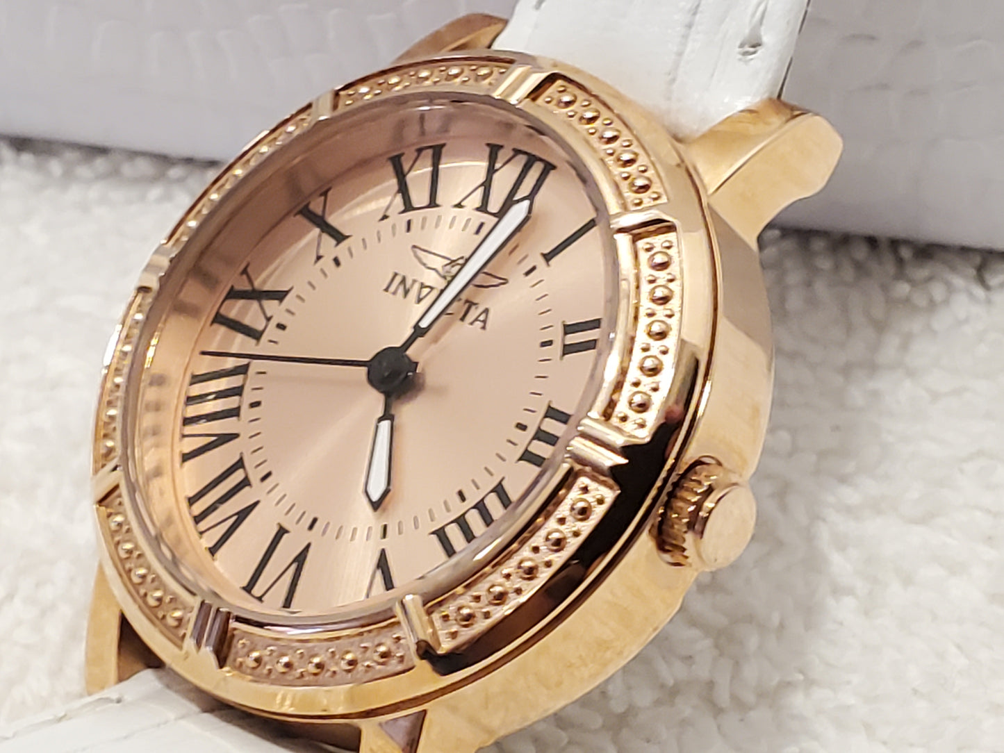 Invicta Wildflower Women's Quartz Watch Rose Gold Tone White Leather Strap Roman Numerals
