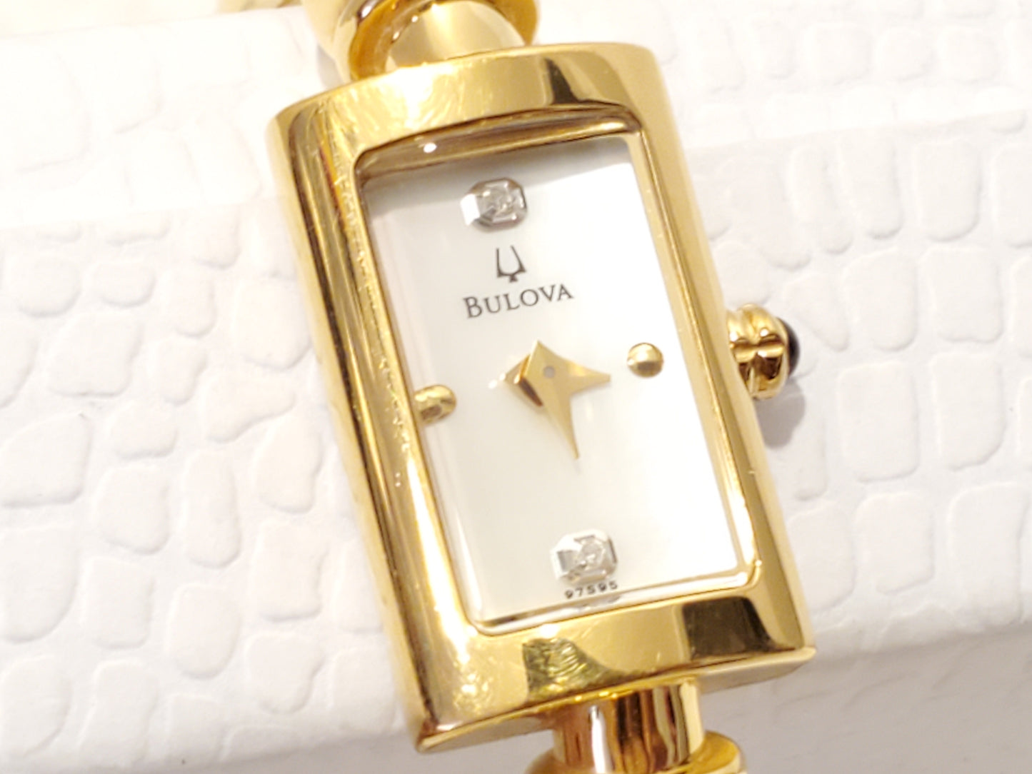 Vintage Bulova Women's Quartz Watch Gold Plated Mother Pearl Dial Two Diamonds