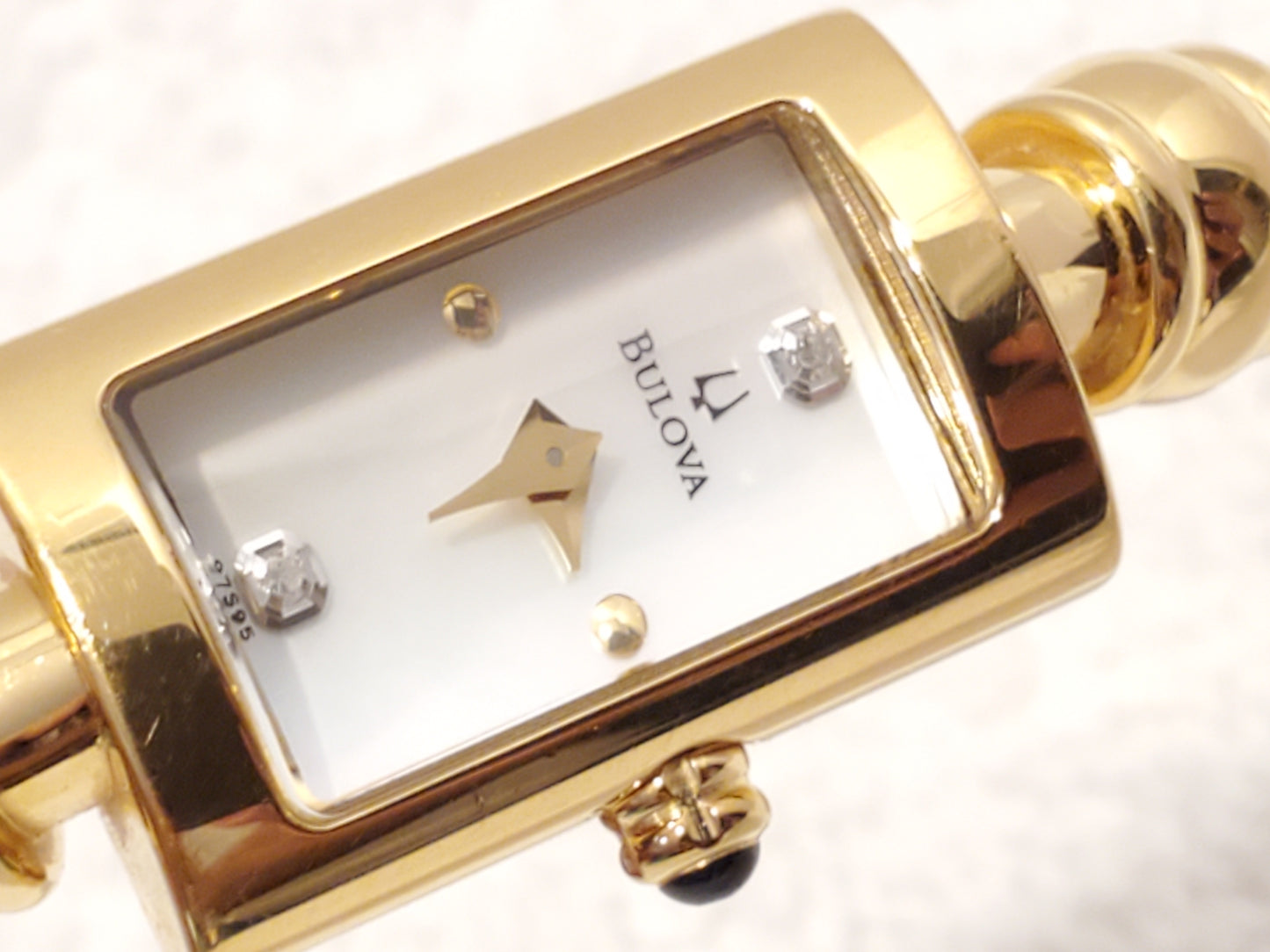 Vintage Bulova Women's Quartz Watch Gold Plated Mother Pearl Dial Two Diamonds