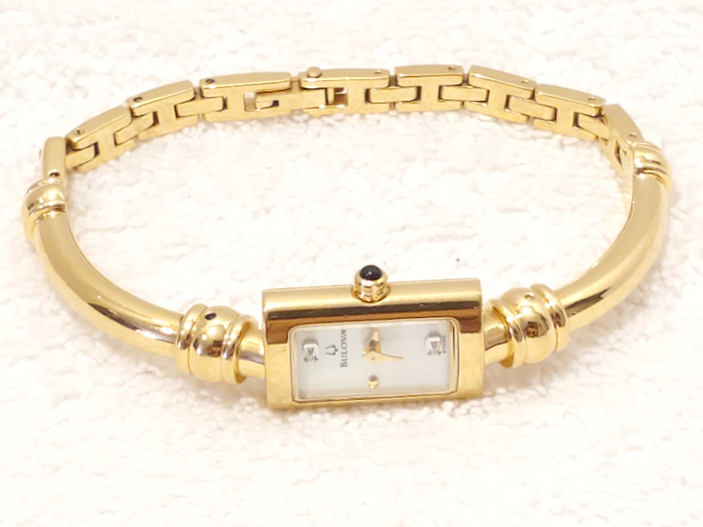 Vintage Bulova Women's Quartz Watch Gold Plated Mother Pearl Dial Two Diamonds