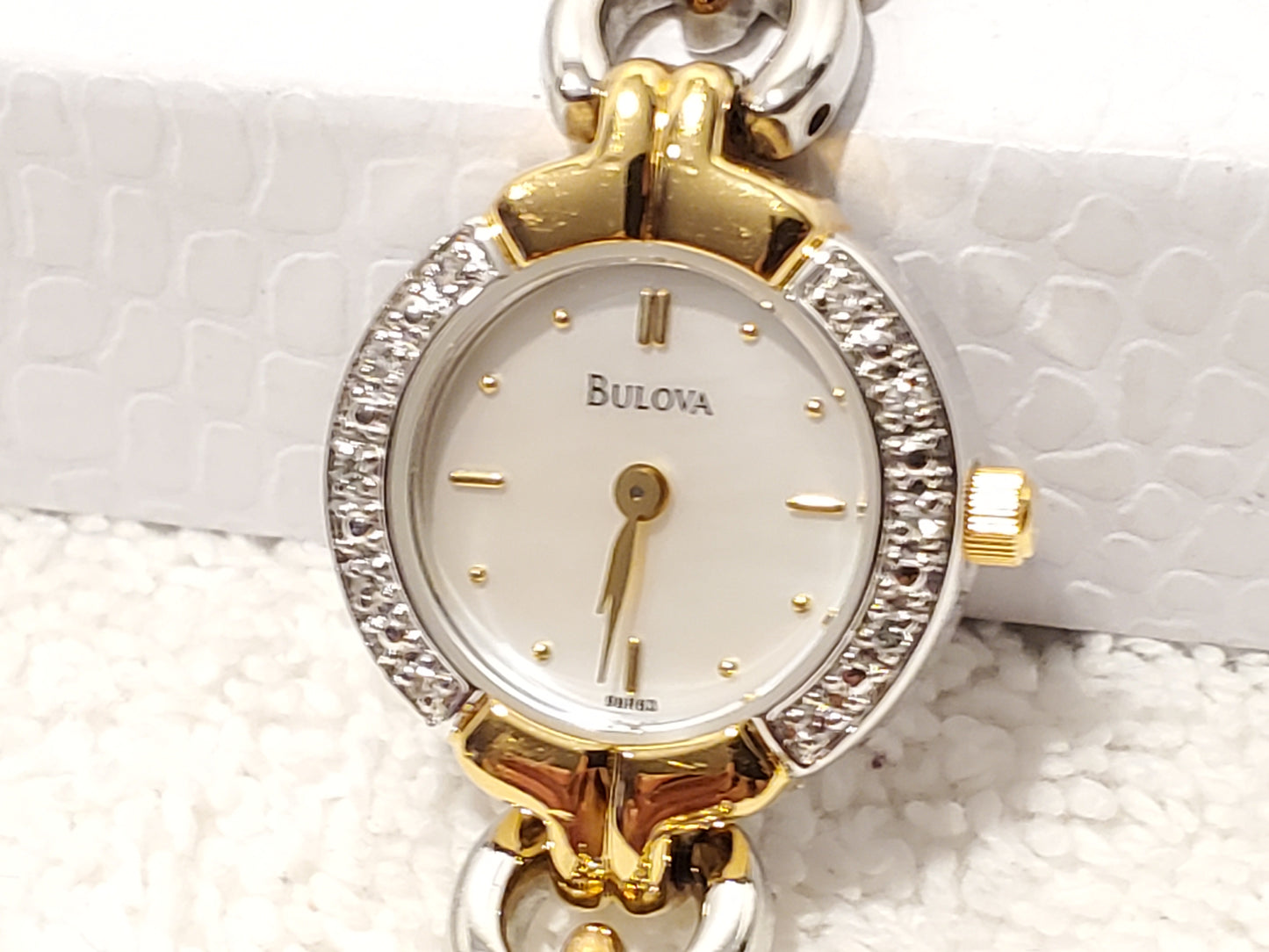 Vintage Bulova Women's Quartz Watch Gold Tone Mother Pearl Dial Diamonds Bezel Stainless Steel