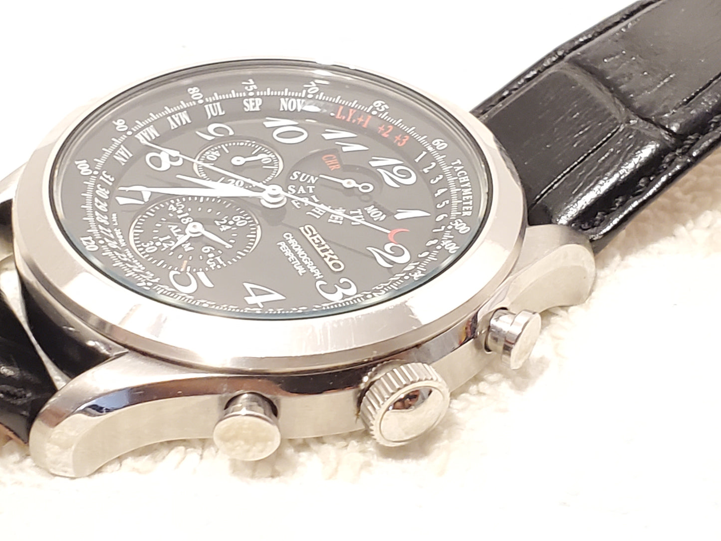 Vintage Seiko Perpetual Calendar Chronograph Alarm Men's Quartz Watch Black Dial Stainless Steel Leather Strap