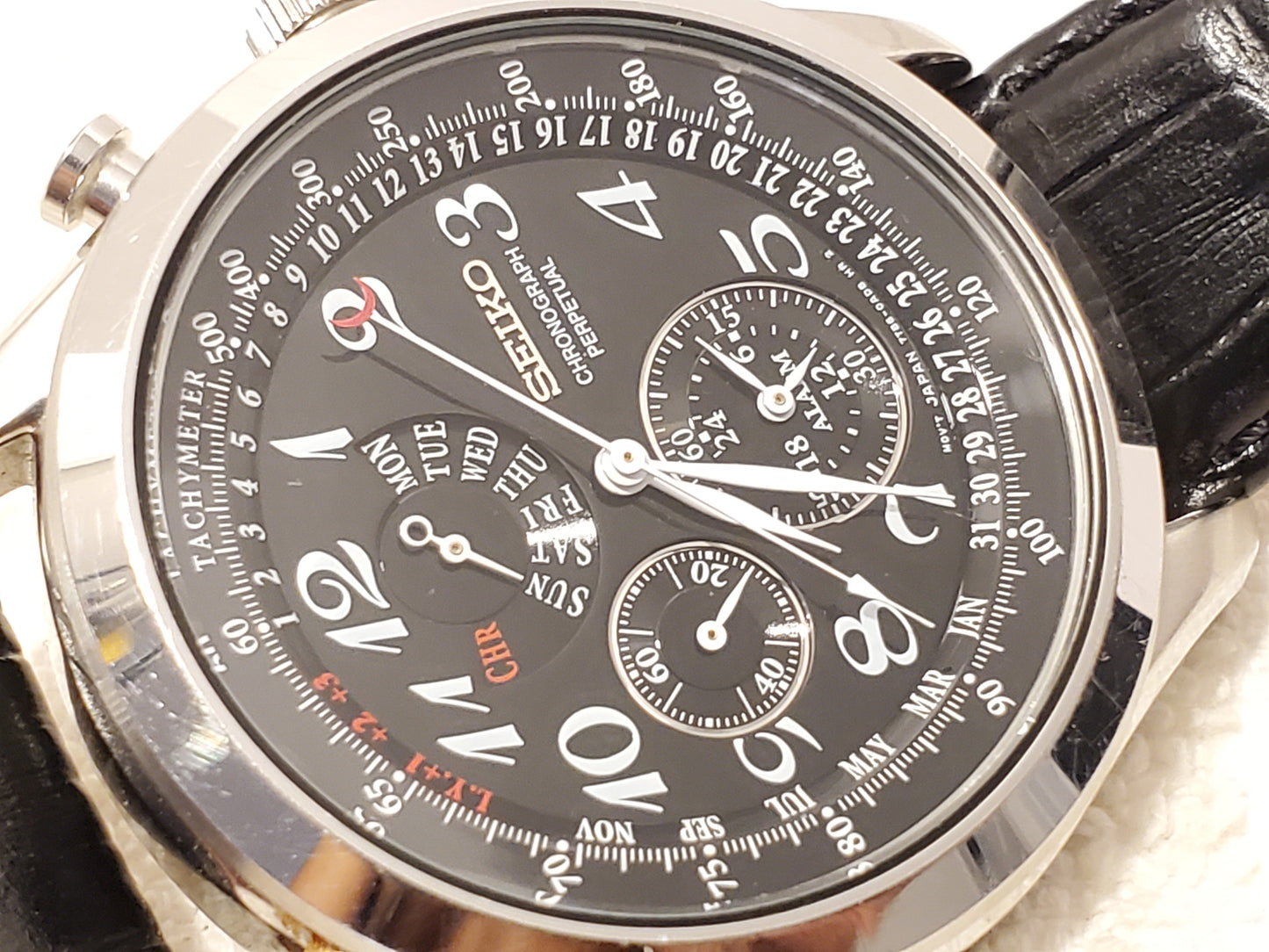 Vintage Seiko Perpetual Calendar Chronograph Alarm Men's Quartz Watch Black Dial Stainless Steel Leather Strap