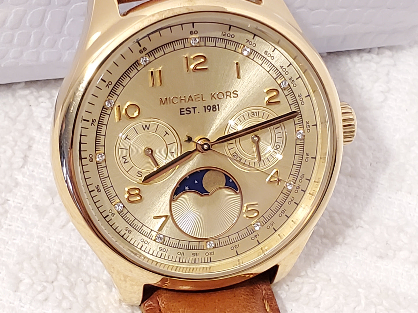 Michael Kors Women Day Date Moon Phase Quartz Watch Gold Tone Swarovski Crystals