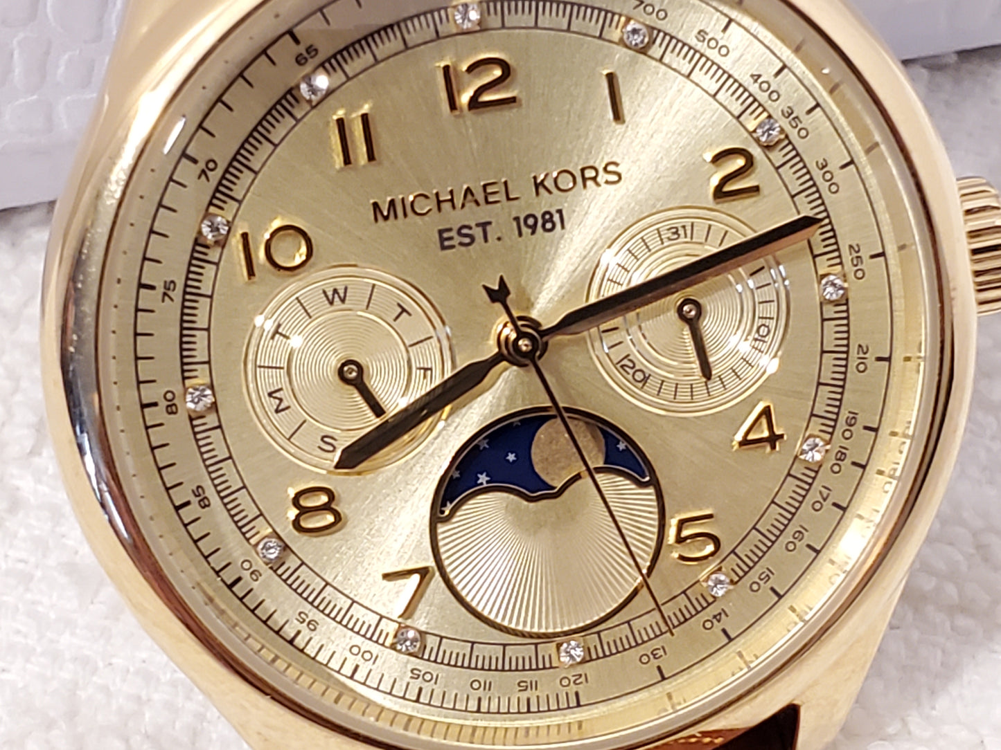 Michael Kors Women Day Date Moon Phase Quartz Watch Gold Tone Swarovski Crystals