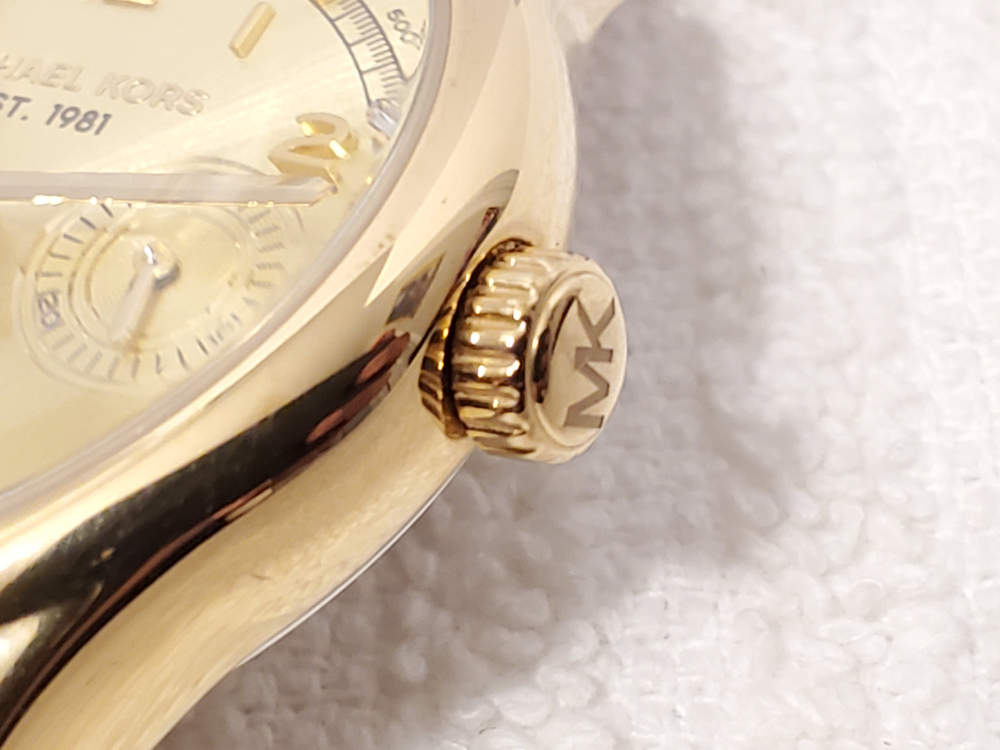 Michael Kors Women Day Date Moon Phase Quartz Watch Gold Tone Swarovski Crystals