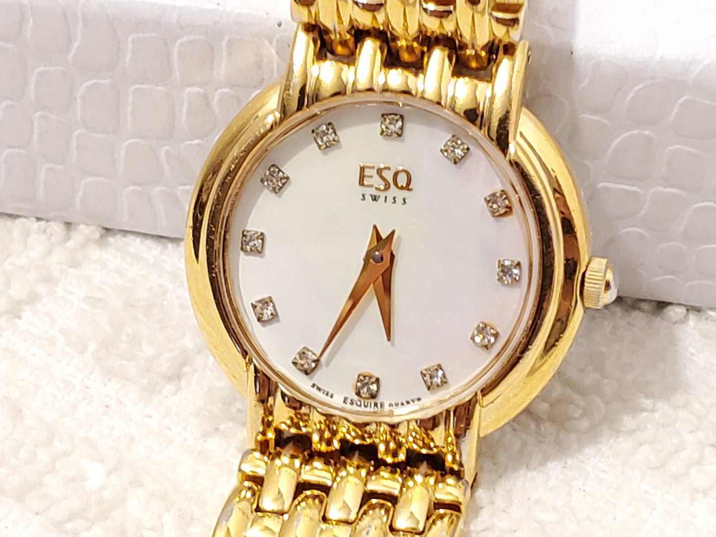 Vintage ESQ Swiss by Movado Women's Watch Diamonds Gold Plated Mother Pearl Dial