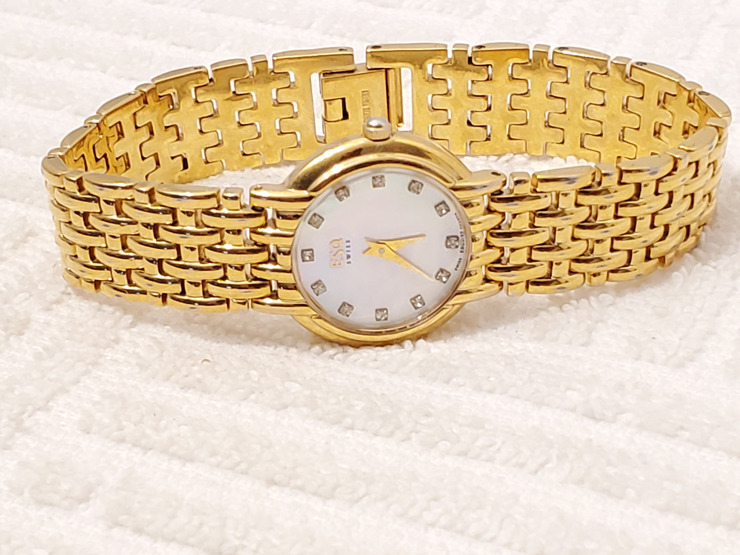 Vintage ESQ Swiss by Movado Women's Watch Diamonds Gold Plated Mother Pearl Dial