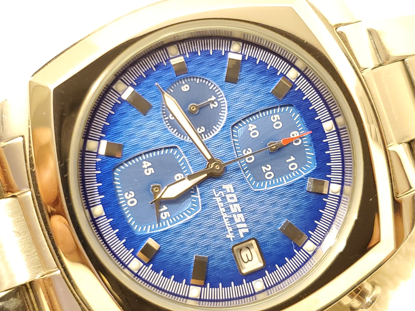 Vintage Fossil Men's Chronograph Date Quartz Watch Blue Dial Stainless Steel
