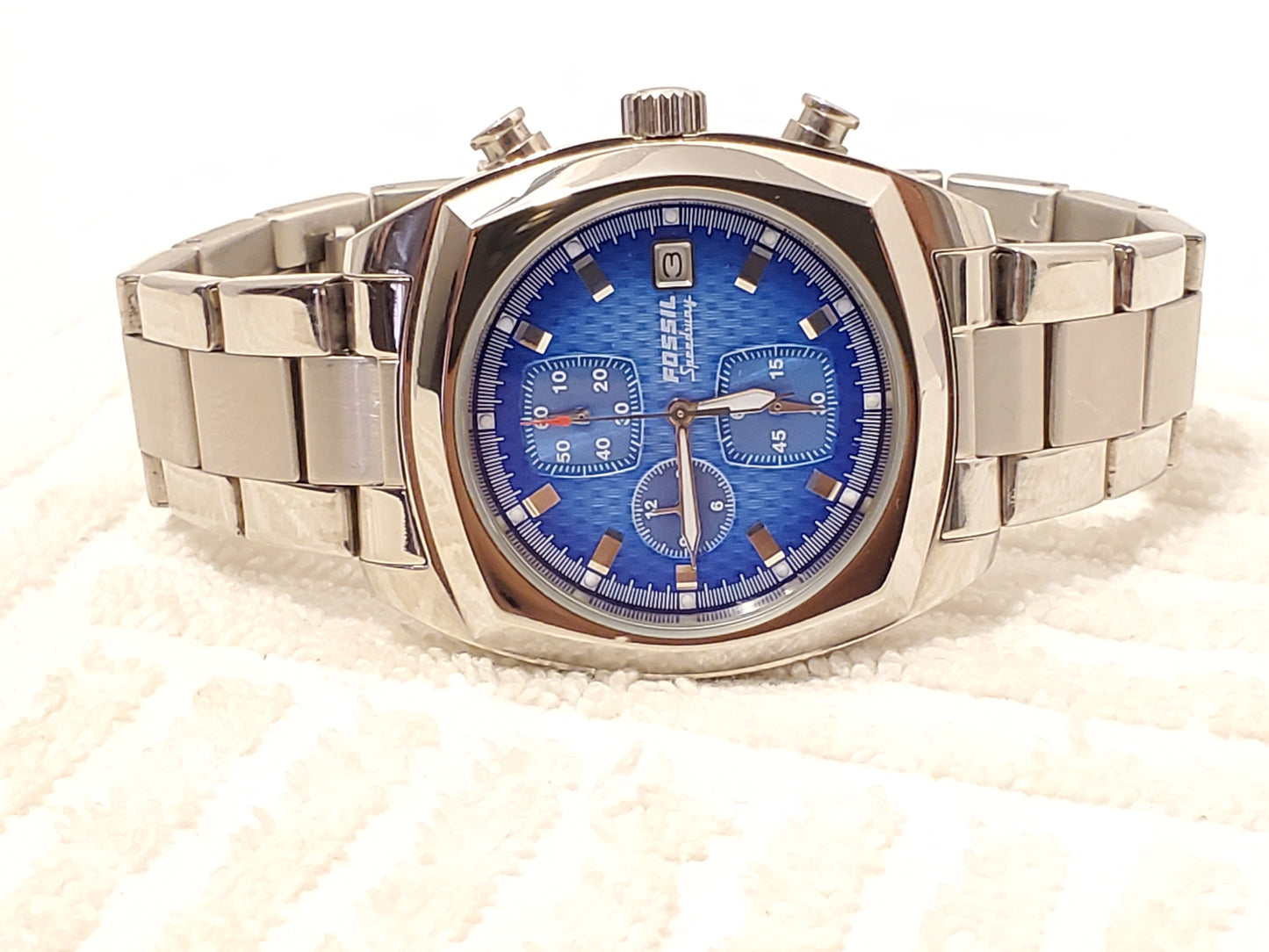 Vintage Fossil Men's Chronograph Date Quartz Watch Blue Dial Stainless Steel