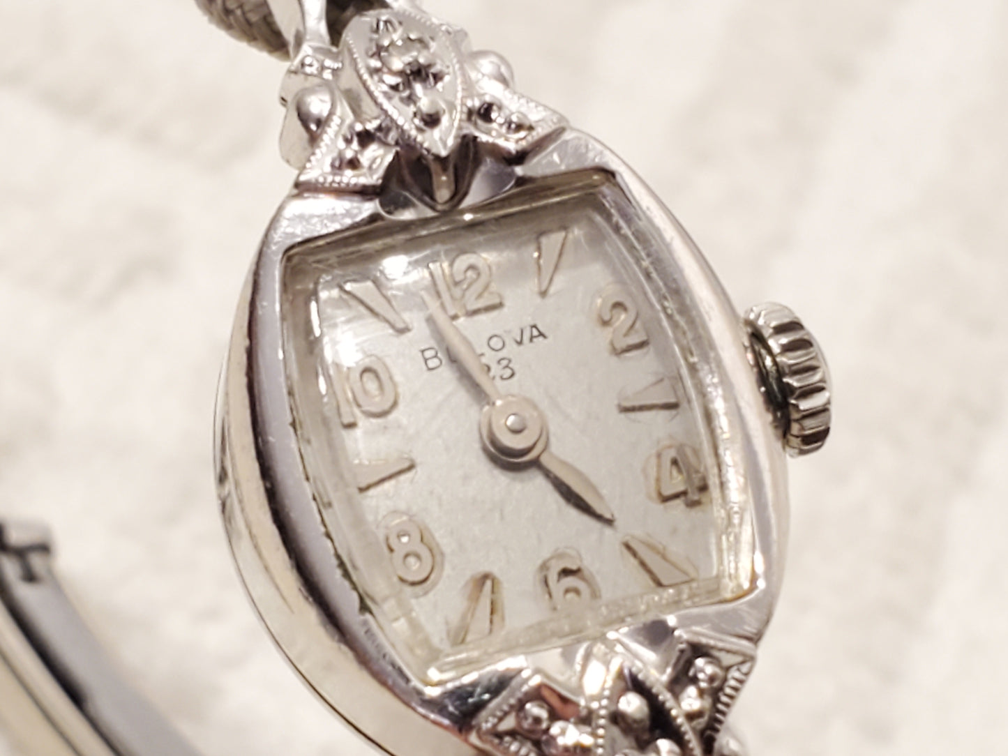 Vintage Bulova 23 Jewels Women's Wind Up Watch 10K Gold Plated Two Diamonds