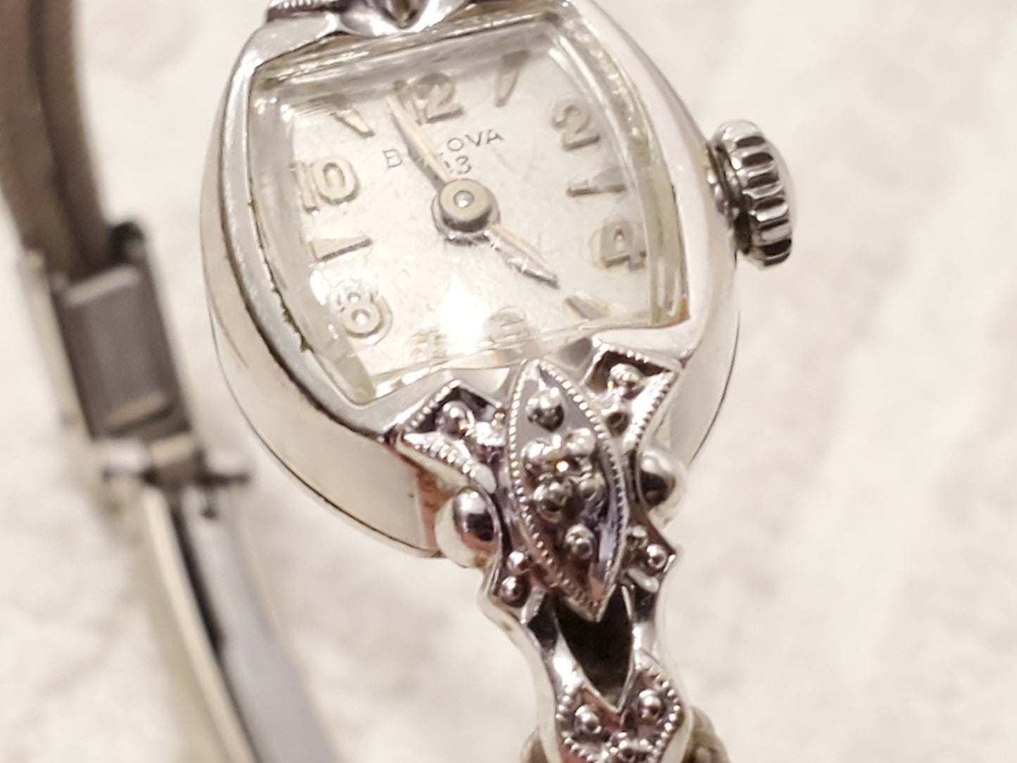 Vintage Bulova 23 Jewels Women's Wind Up Watch 10K Gold Plated Two Diamonds