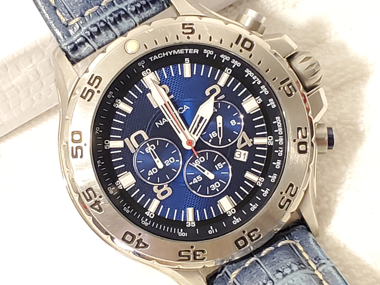 Vintage Nautica Men's Stainless Steel Chronograph Date Watch Blue Black Dial