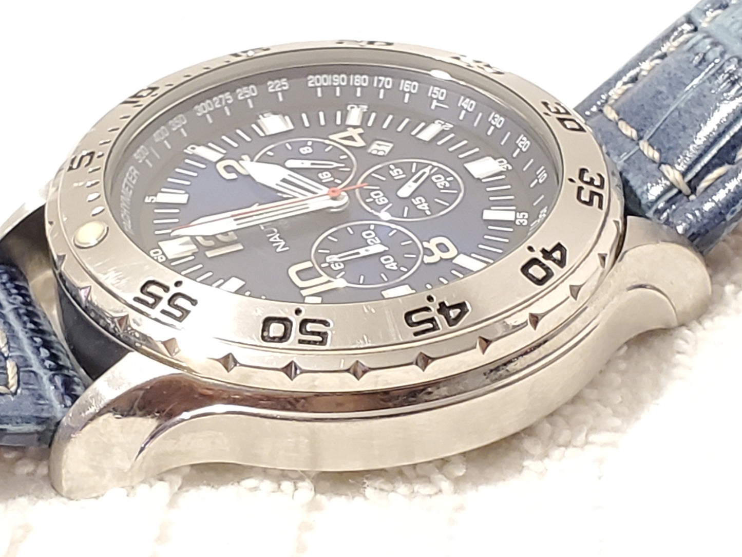 Vintage Nautica Men's Stainless Steel Chronograph Date Watch Blue Black Dial