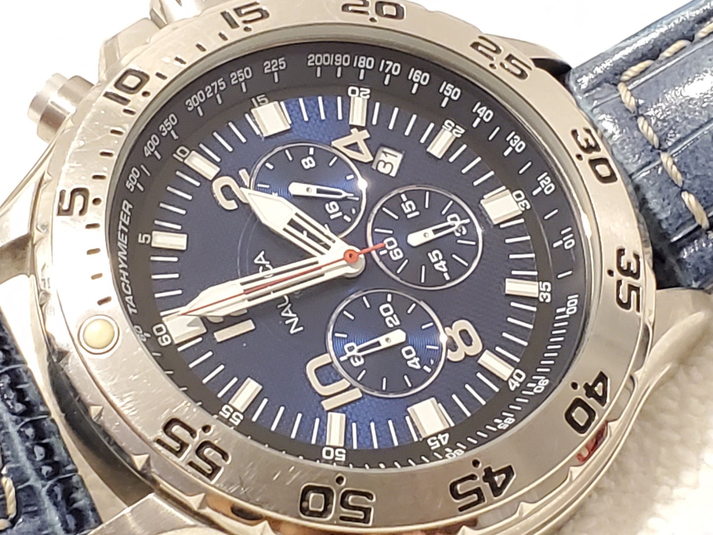 Vintage Nautica Men's Stainless Steel Chronograph Date Watch Blue Black Dial