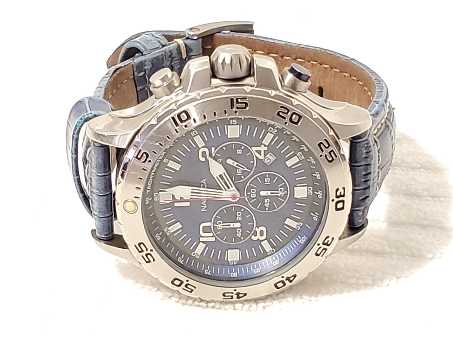 Vintage Nautica Men's Stainless Steel Chronograph Date Watch Blue Black Dial