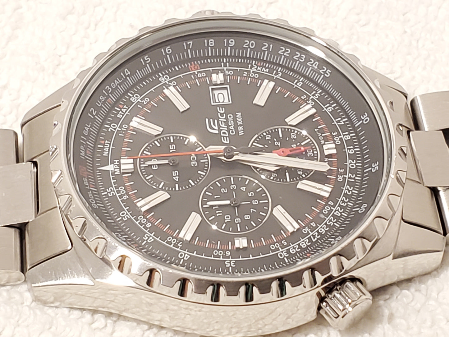 Vintage Casio Edifice Men's Chronograph Date Quartz Watch Stainless Steel Black Dial WR 100 Meters