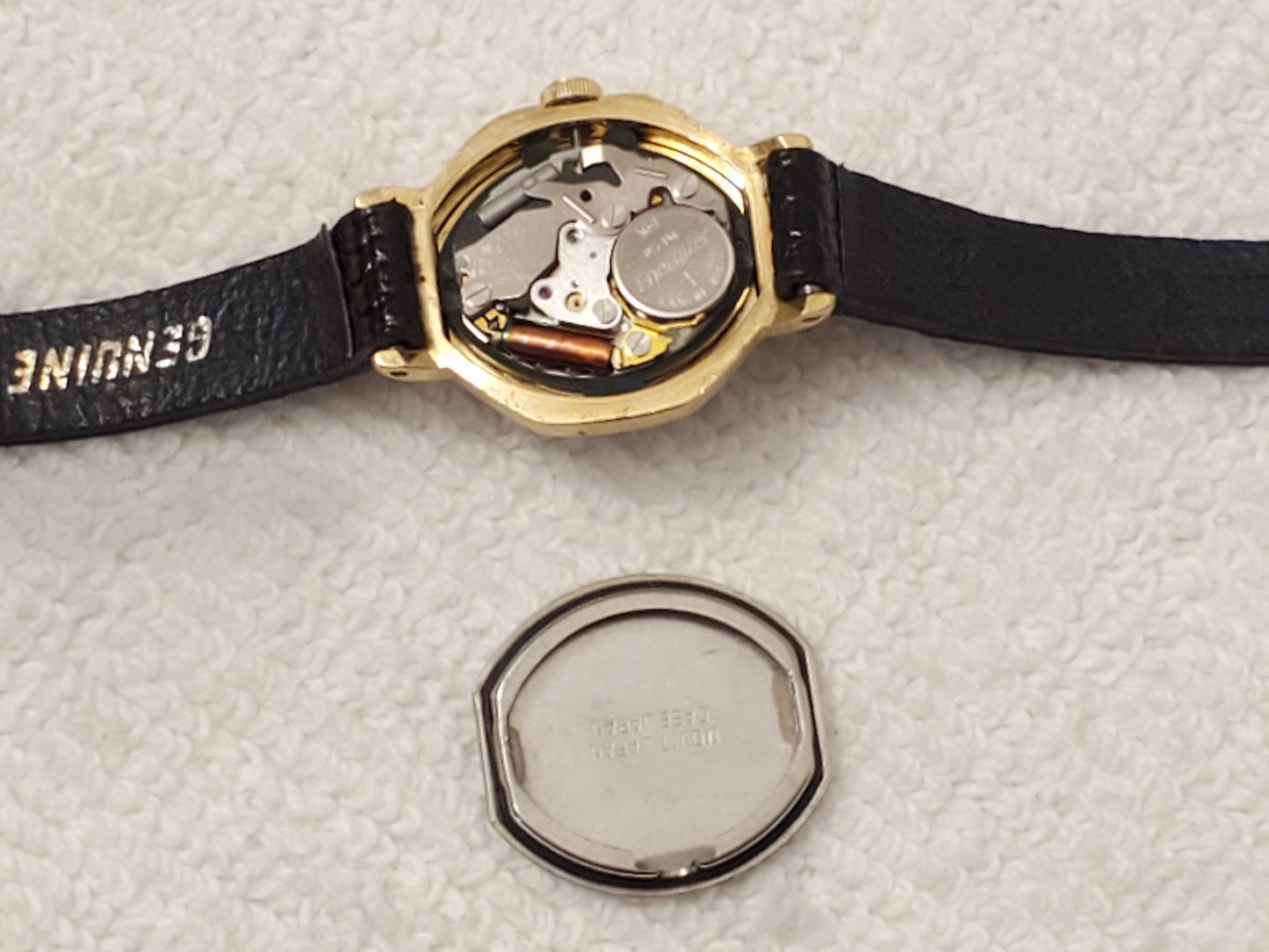 Vintage Citizen Women's Black Dial Diamond Watch Gold Tone Leather Band 2 Jewels