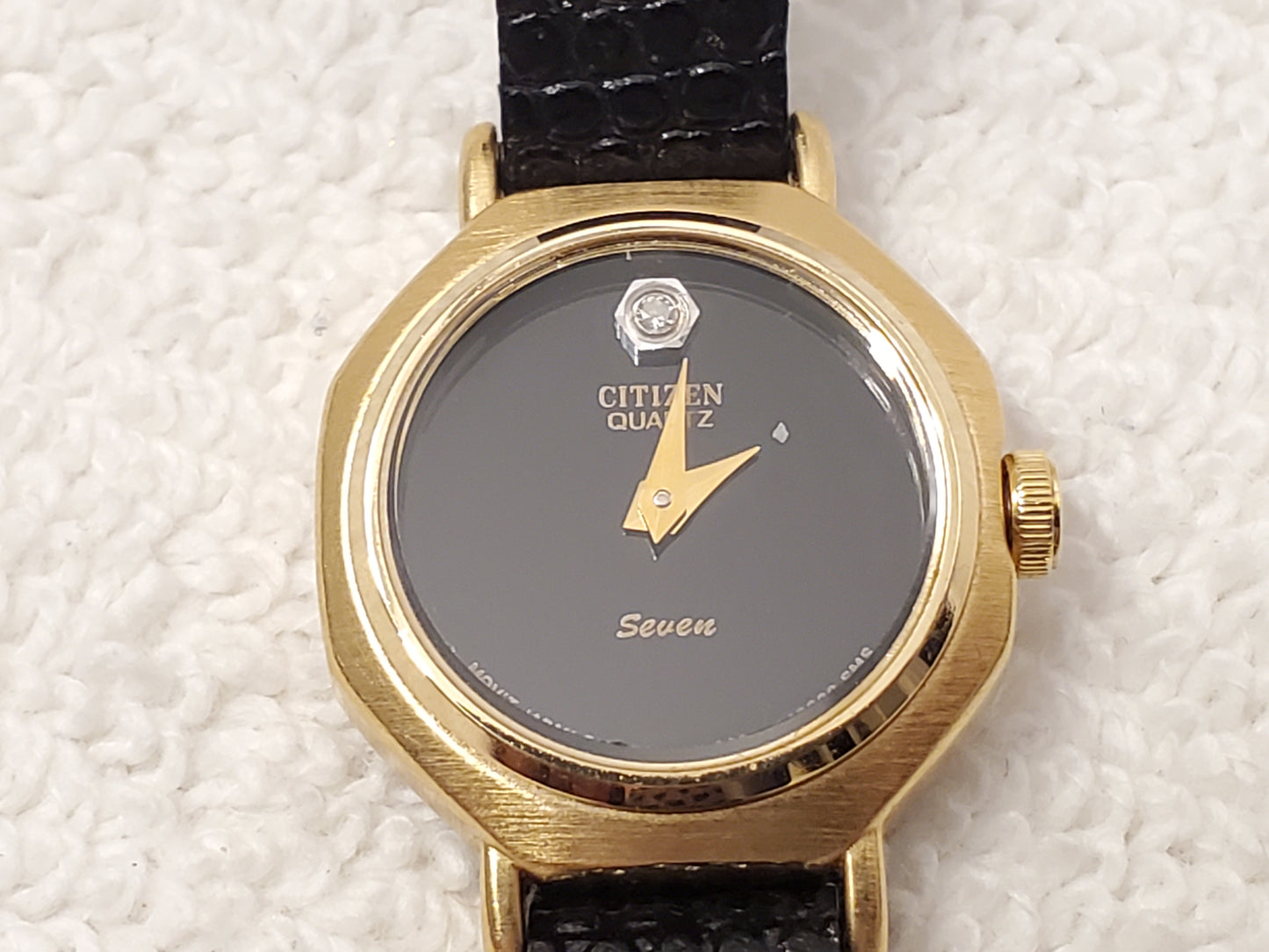 Vintage Citizen Women's Black Dial Diamond Watch Gold Tone Leather Band 2 Jewels