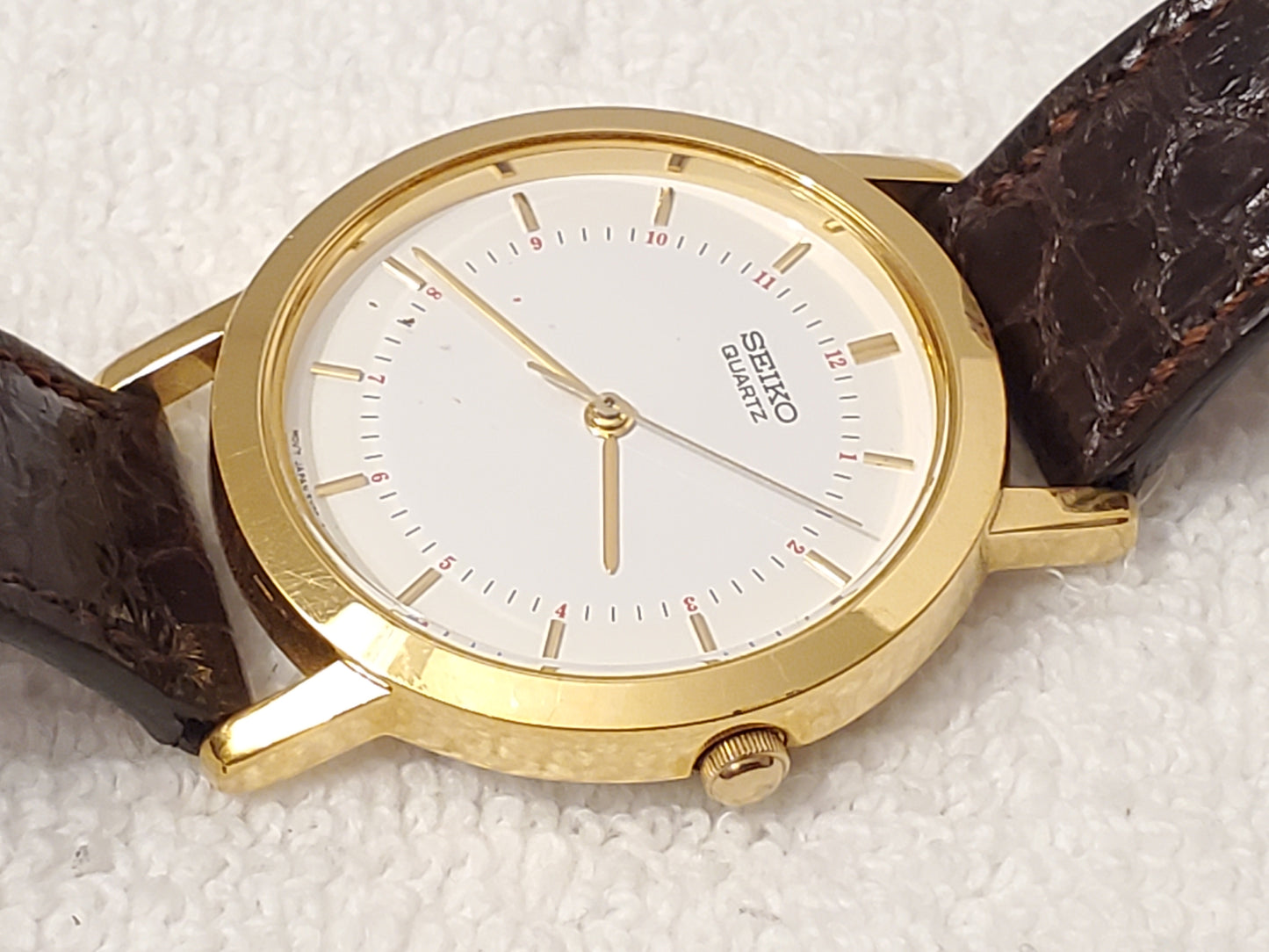 Vintage Seiko Men's Gold Tone Quartz Watch Brown Leather Strap 1 Jewel White Dial