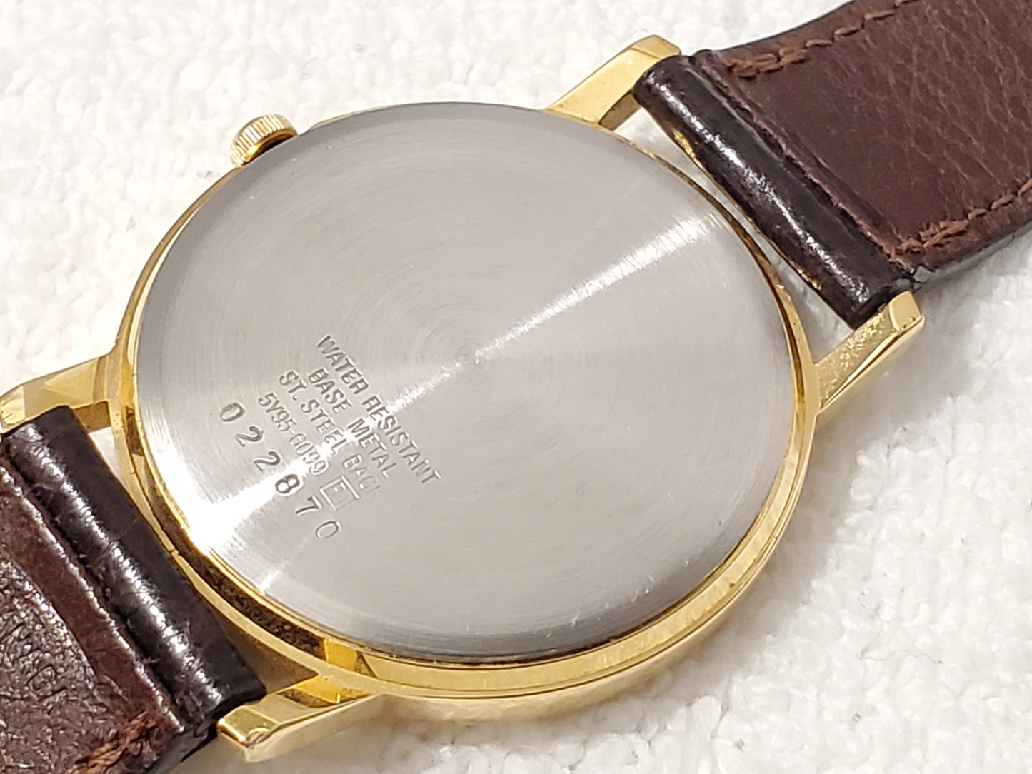 Vintage Seiko Men's Gold Tone Quartz Watch Brown Leather Strap 1 Jewel White Dial