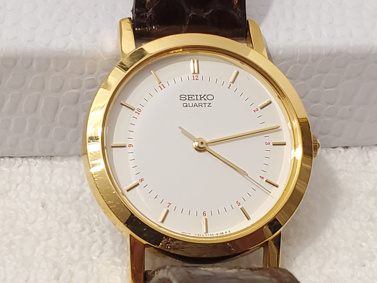 Vintage Seiko Men's Gold Tone Quartz Watch Brown Leather Strap 1 Jewel White Dial