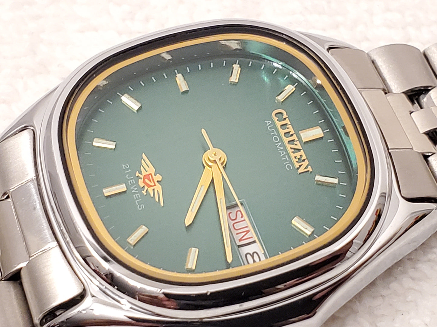 Vintage Citizen Automatic Mens Day Date Watch Green Dial 21 Jewels Eagle S Steel