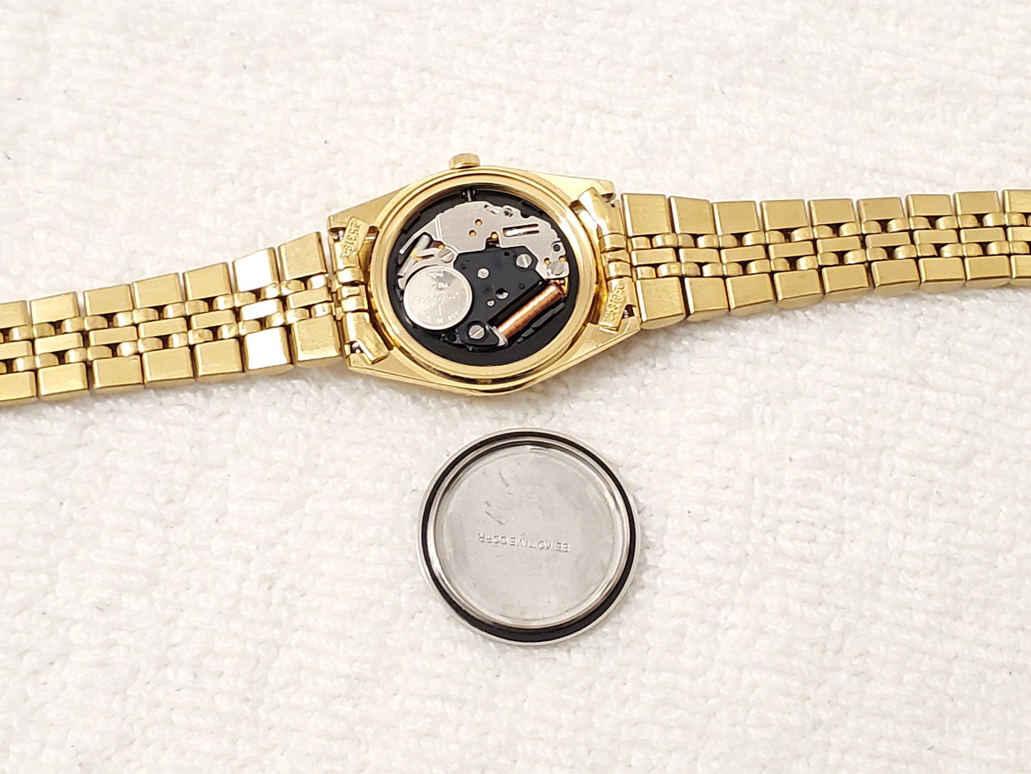 Vintage Seiko SQ Women's Gold Tone Quartz Watch Day Date Black Dial One Jewel Presidential