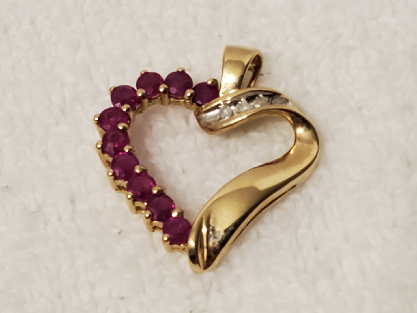 Vintage 10 Karat Yellow Gold Open Heart Pendant Diamonds Red Rubies Women's