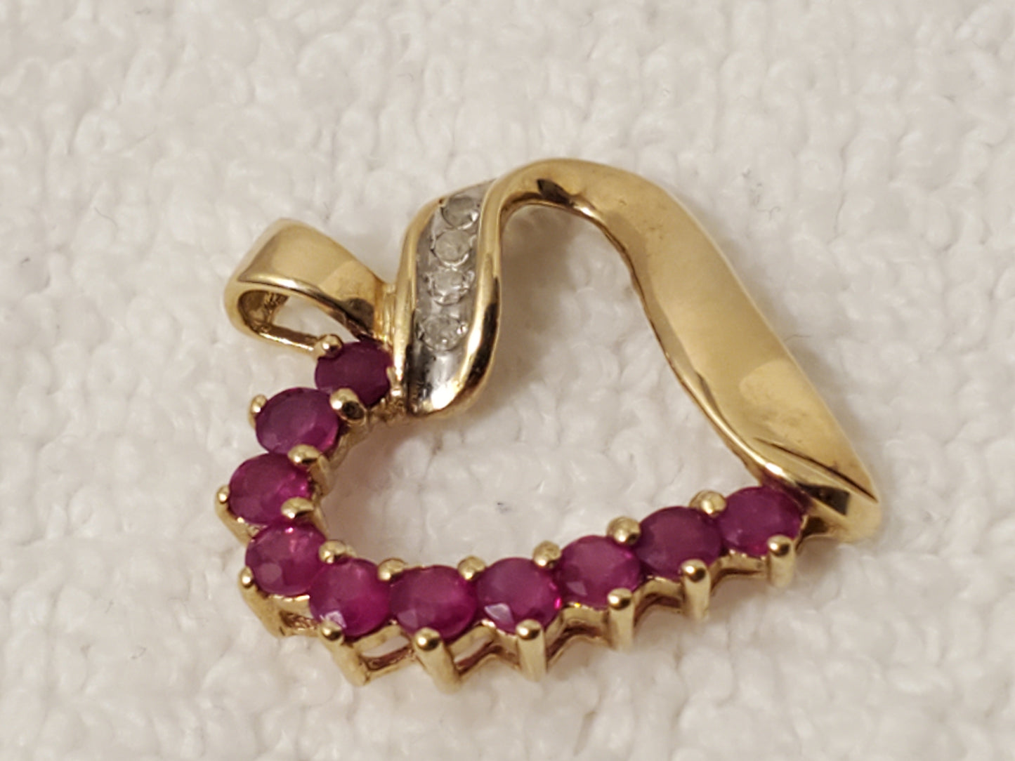 Vintage 10 Karat Yellow Gold Open Heart Pendant Diamonds Red Rubies Women's