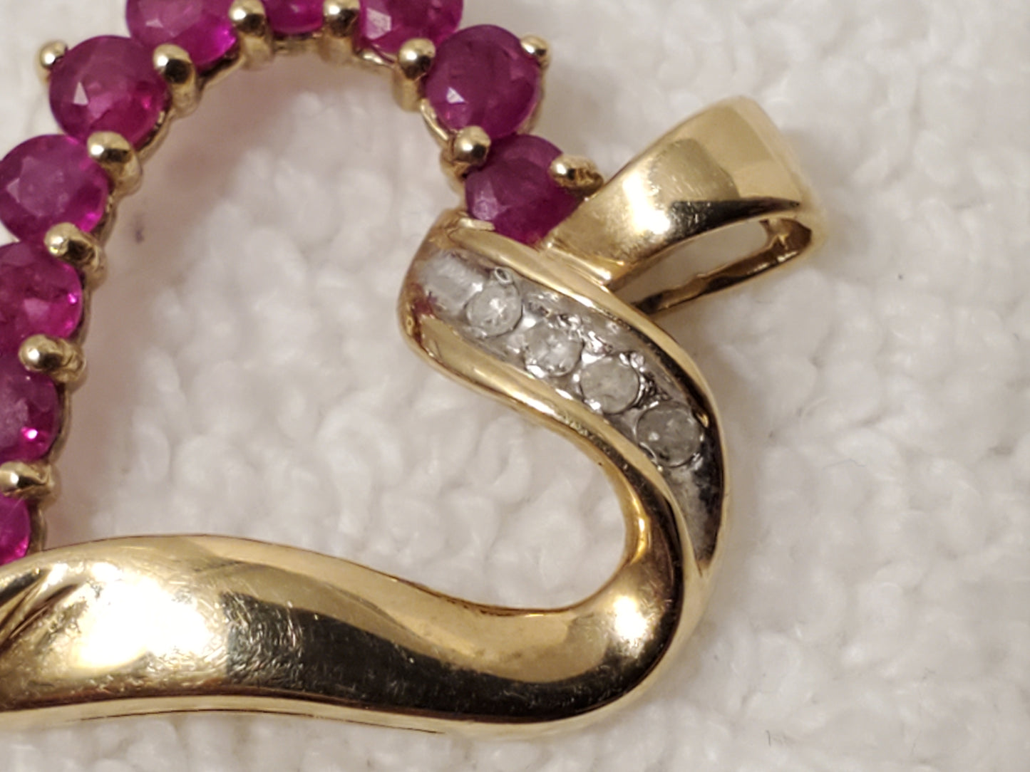 Vintage 10 Karat Yellow Gold Open Heart Pendant Diamonds Red Rubies Women's