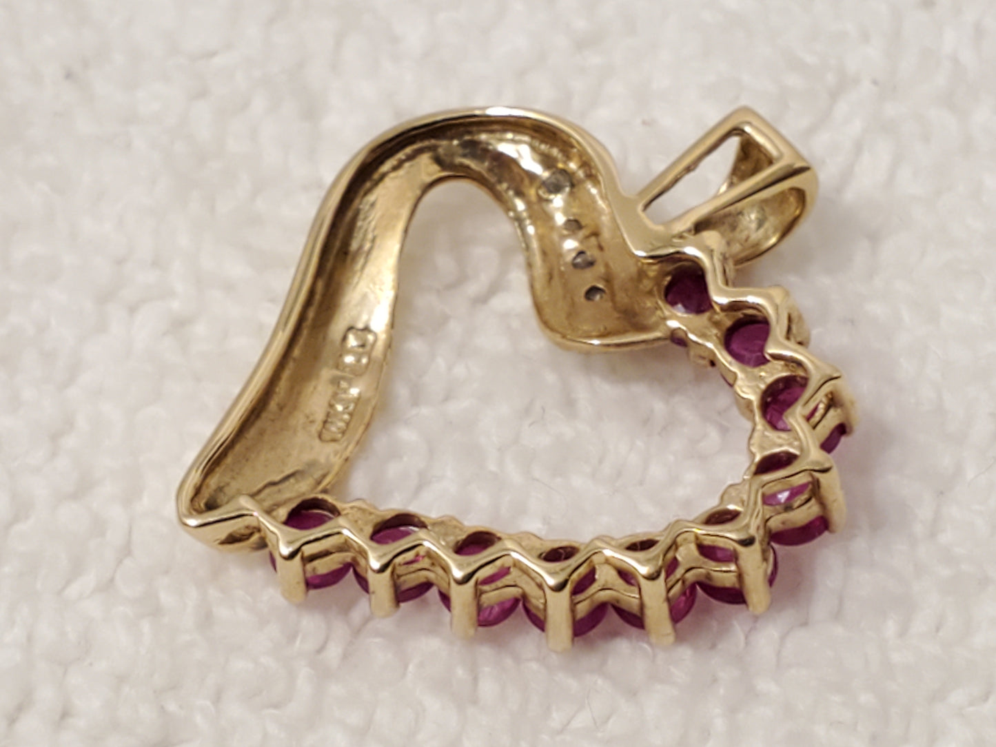 Vintage 10 Karat Yellow Gold Open Heart Pendant Diamonds Red Rubies Women's