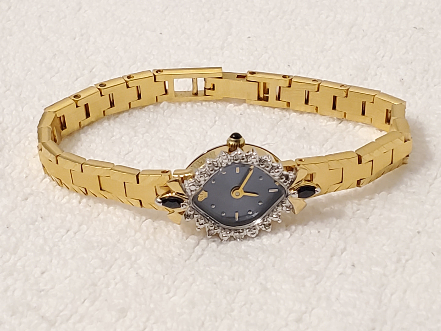 Jules Jurgensen Women Watch Blue Dial Diamonds Black Sapphire Gold Plated Jewel