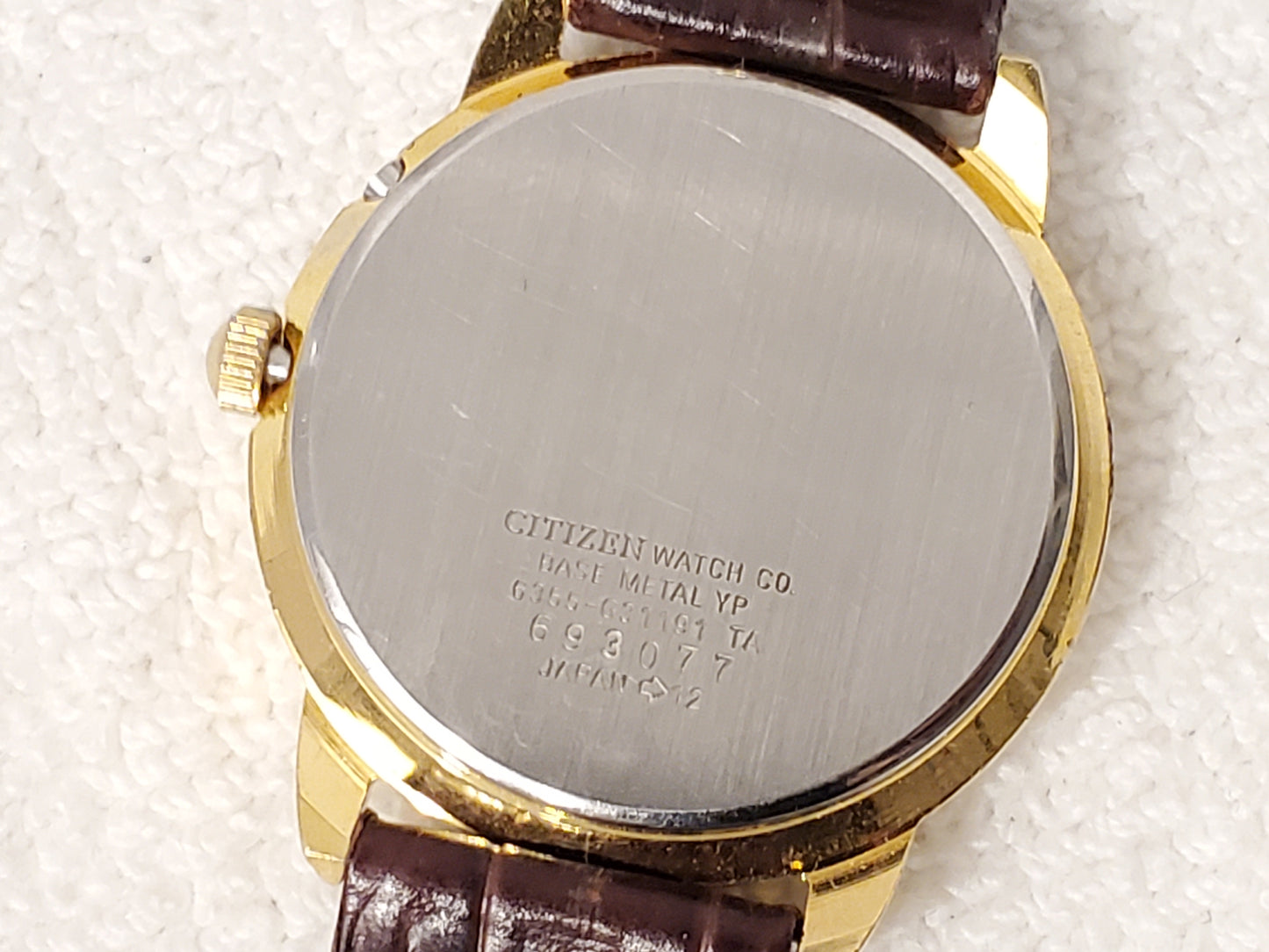 Vintage Citizen Men's Day Date Month Watch Brown Leather Silver Dial Gold Tone