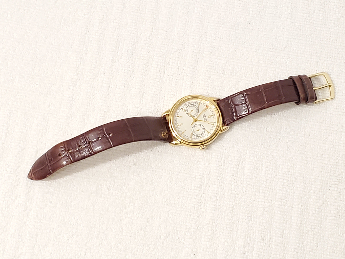 Vintage Citizen Men's Day Date Month Watch Brown Leather Silver Dial Gold Tone