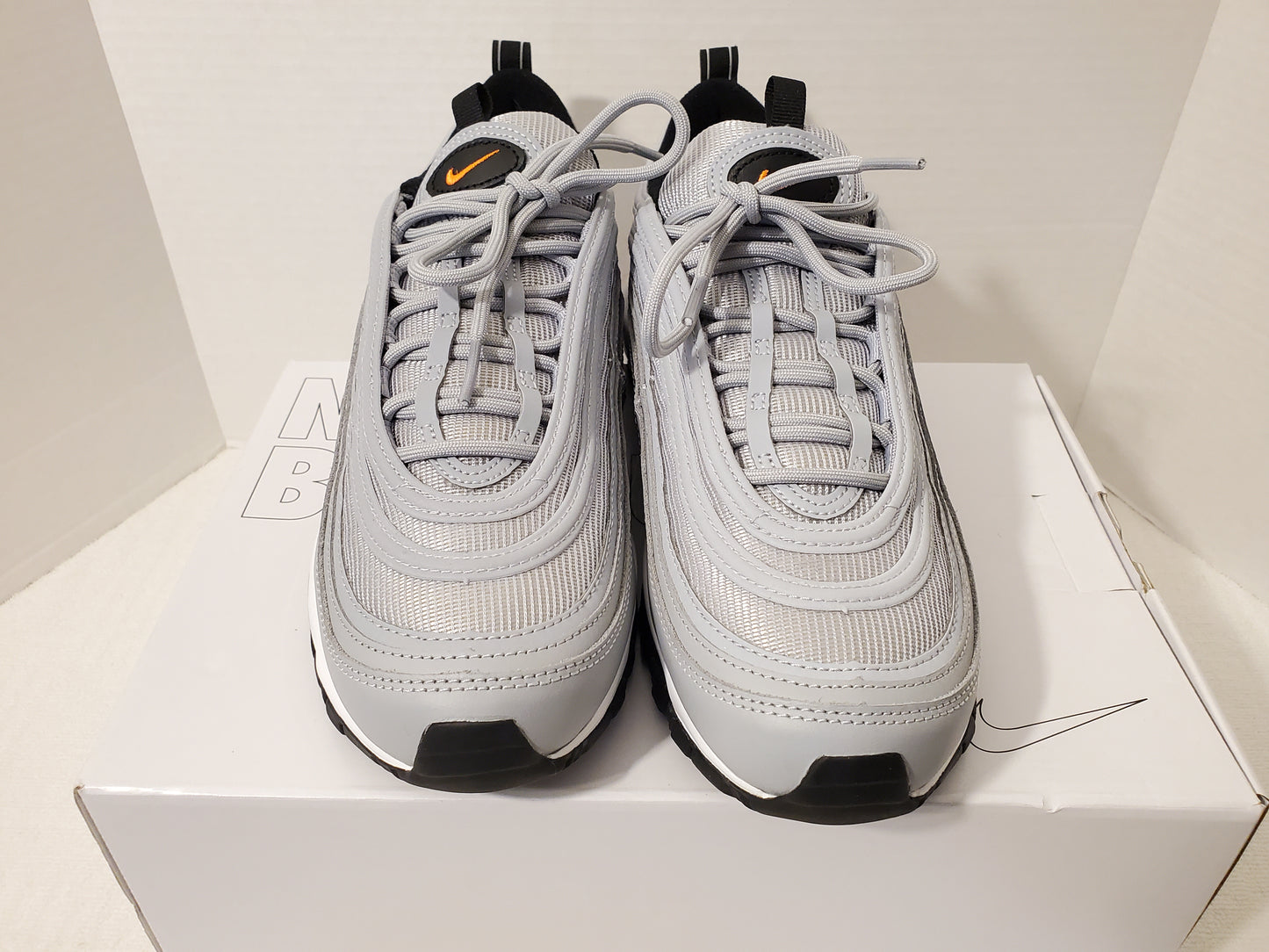 Nike Air Max 97 Men's Sneaker Gray Black White Orange Size 9.5 Lace Up Shoes New