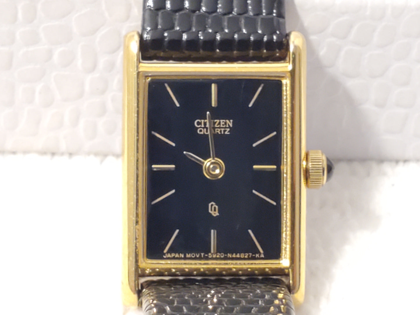Vintage Citizen CQ Women Tank Quartz Watch 10K Gold 3 Diamonds Charm Black Dial