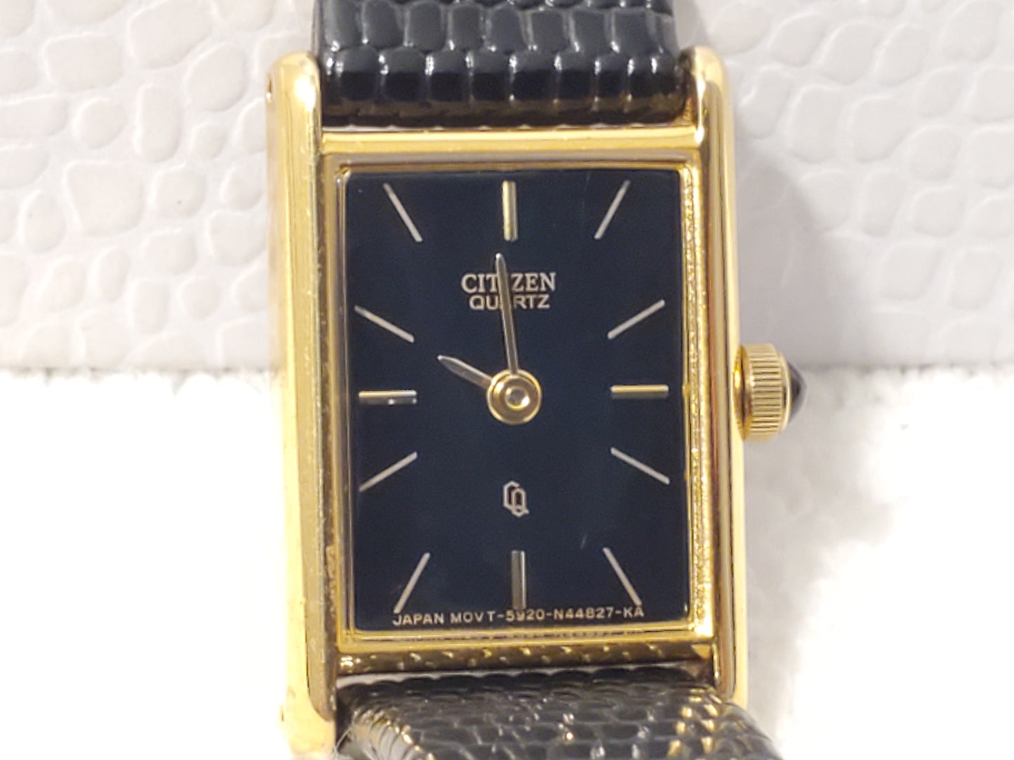 Vintage Citizen CQ Women Tank Quartz Watch 10K Gold 3 Diamonds Charm Black Dial