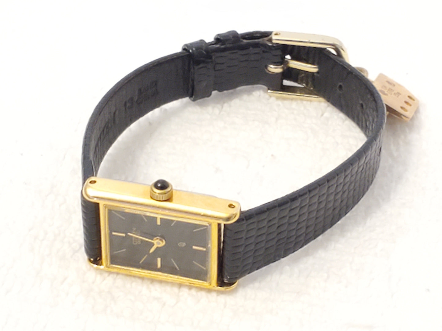 Vintage Citizen CQ Women Tank Quartz Watch 10K Gold 3 Diamonds Charm Black Dial